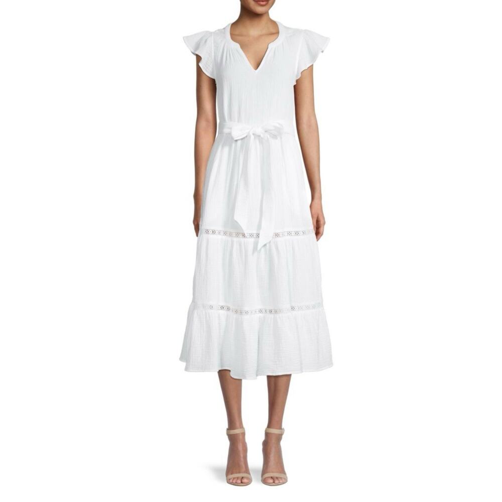 Catherine Malandrino Flutter-Sleeve Tiered Midi Dress Size M